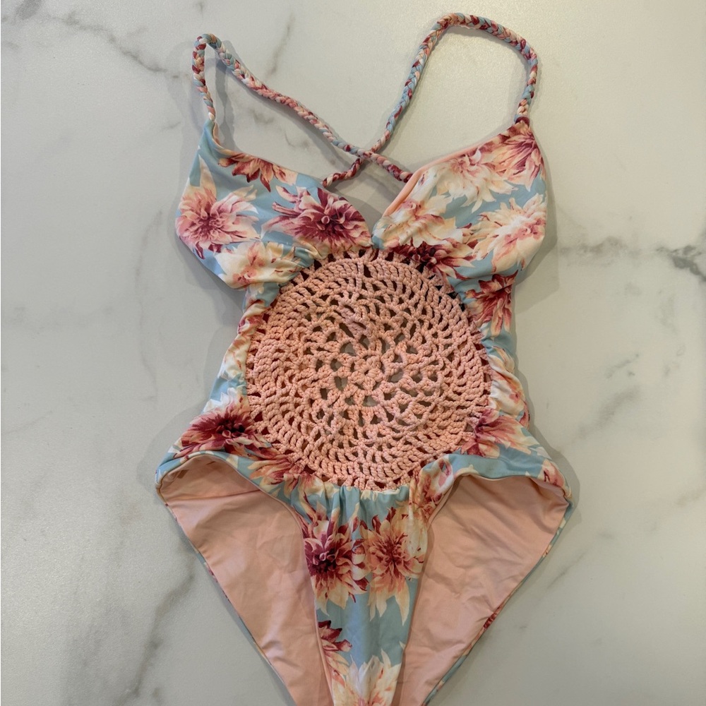 Floral Crochet One-Piece Swimsuit in Blue and Pink